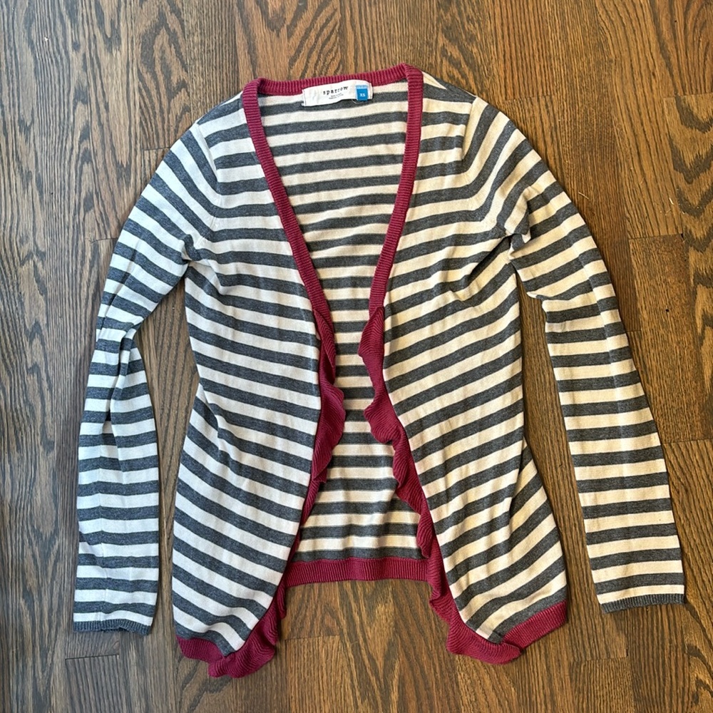 Anthro Sparrow Navy Striped Crochet Knit Detail Snap Cardigan Sweater